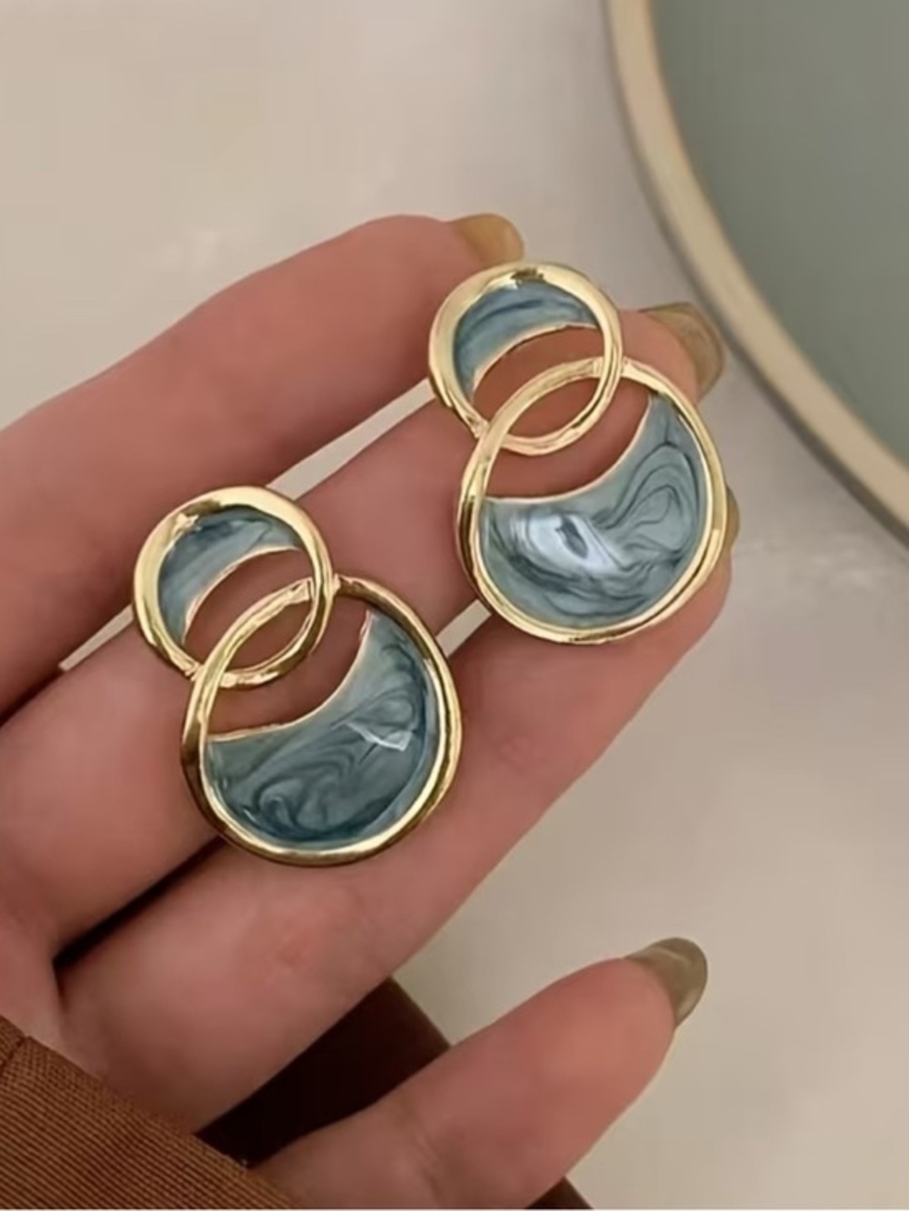Gold-Tone Hoop Drop Earrings with Marble Gray Inlay - Women Jewelry